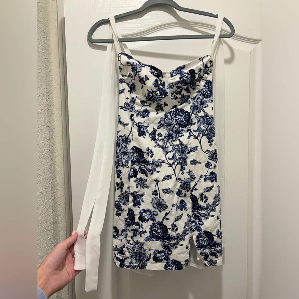 Blue and white dress with ribbon ties on shoulders